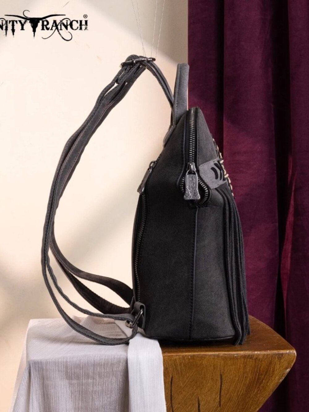 Trinity Ranch Aztec Tooled Fringe Concealed Carry Backpack Black - Picture 2 of 5